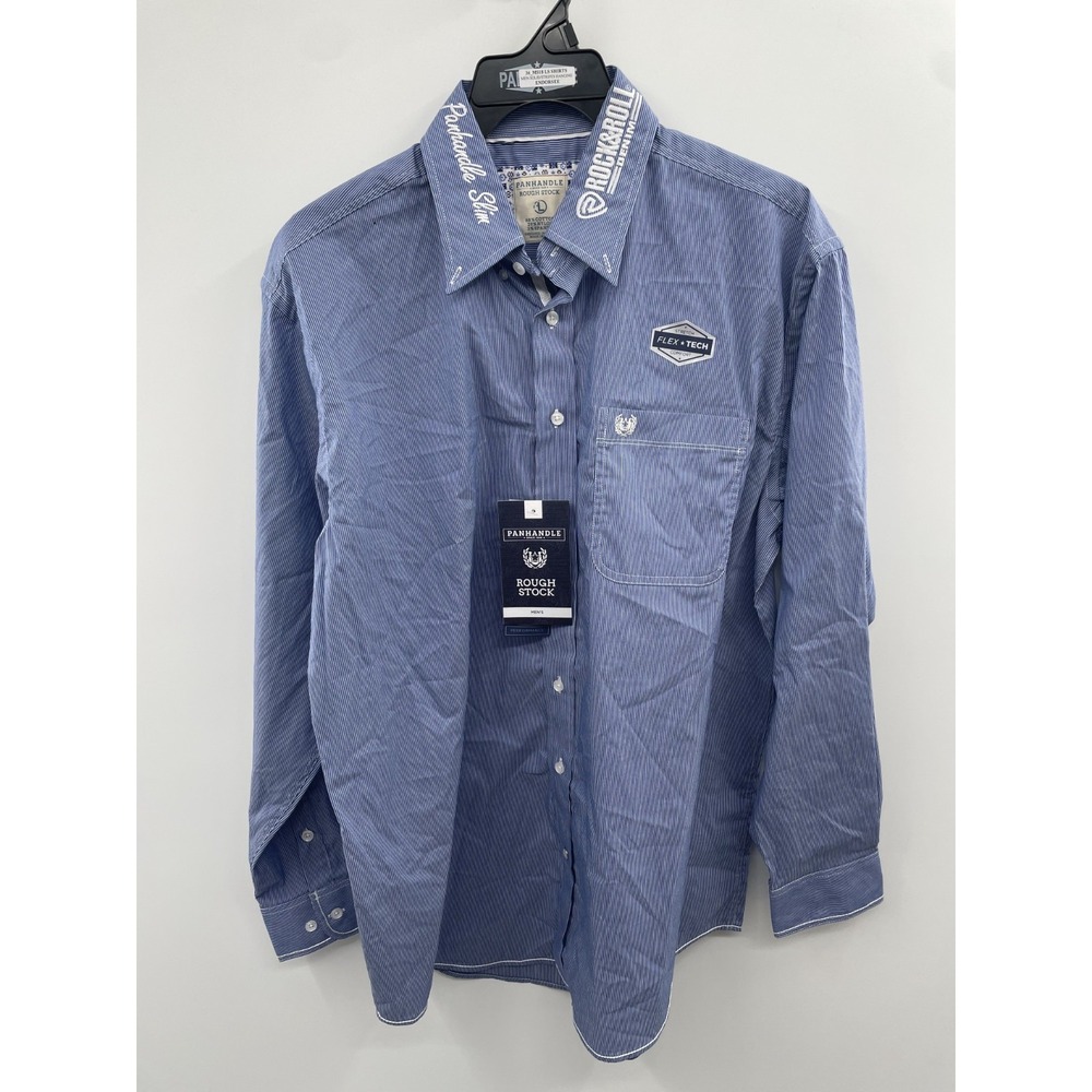 NWT Rough Stock Button Up Shirt Men's Large Blue Rock & Roll Collar Embroidery